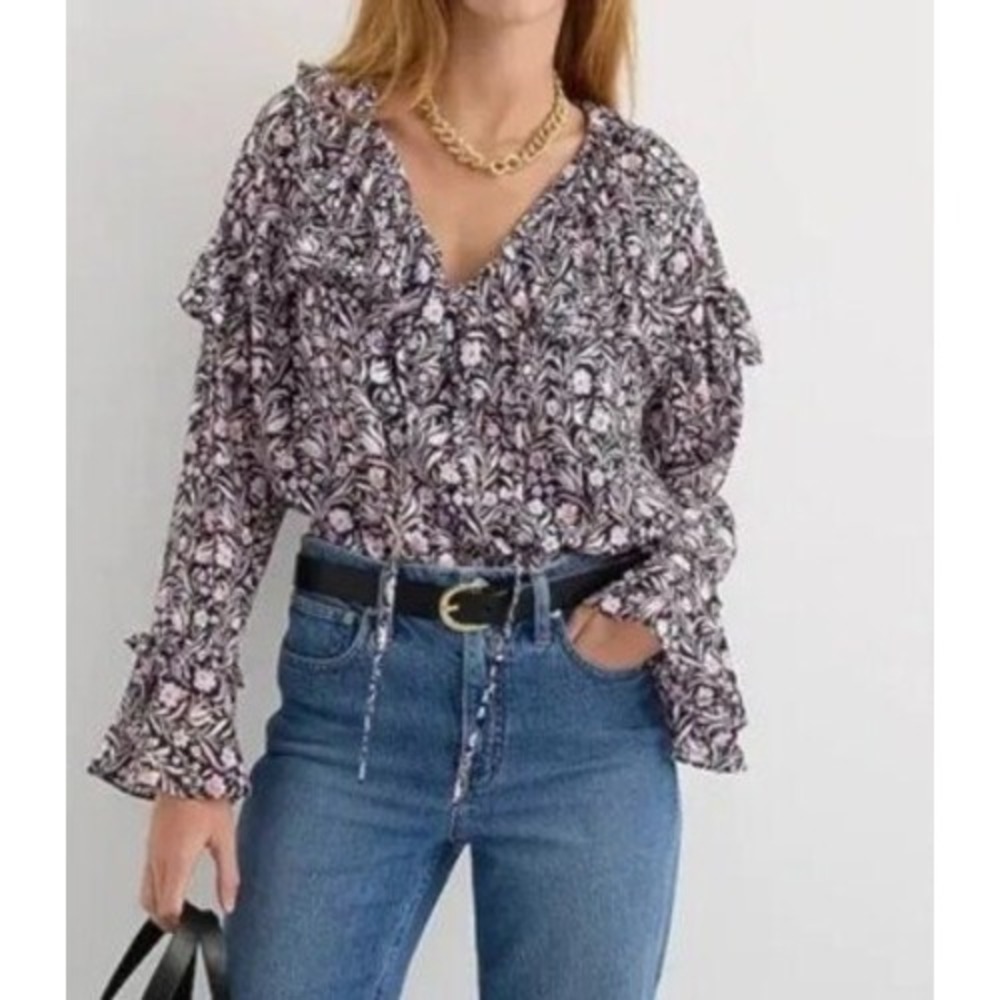 J. Crew NWT -1812 FLAWED Ruffle V-Neck Tie Blouse Midnight Floral Purple BL047 M